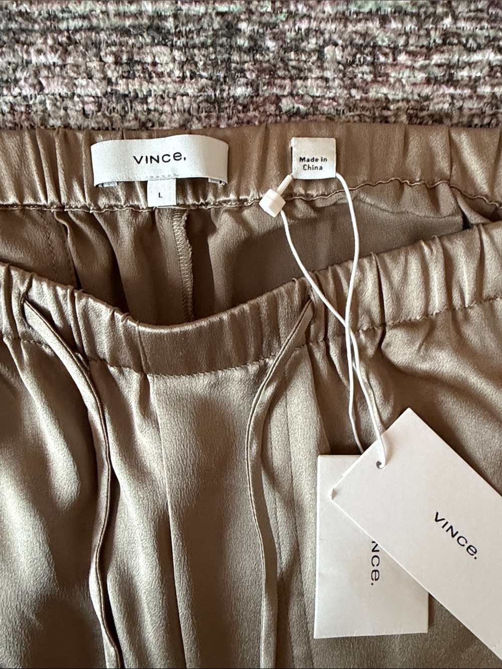 NWT: Vince Satin Wide Leg Drawstring Pants - Olive Taupe - Size Large - Picture 2 of 6